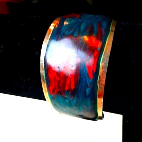 Hand Crafted  Sealed  Red & Blue Silver Plated  Cuff  Bracelet - Picture 8 of 9